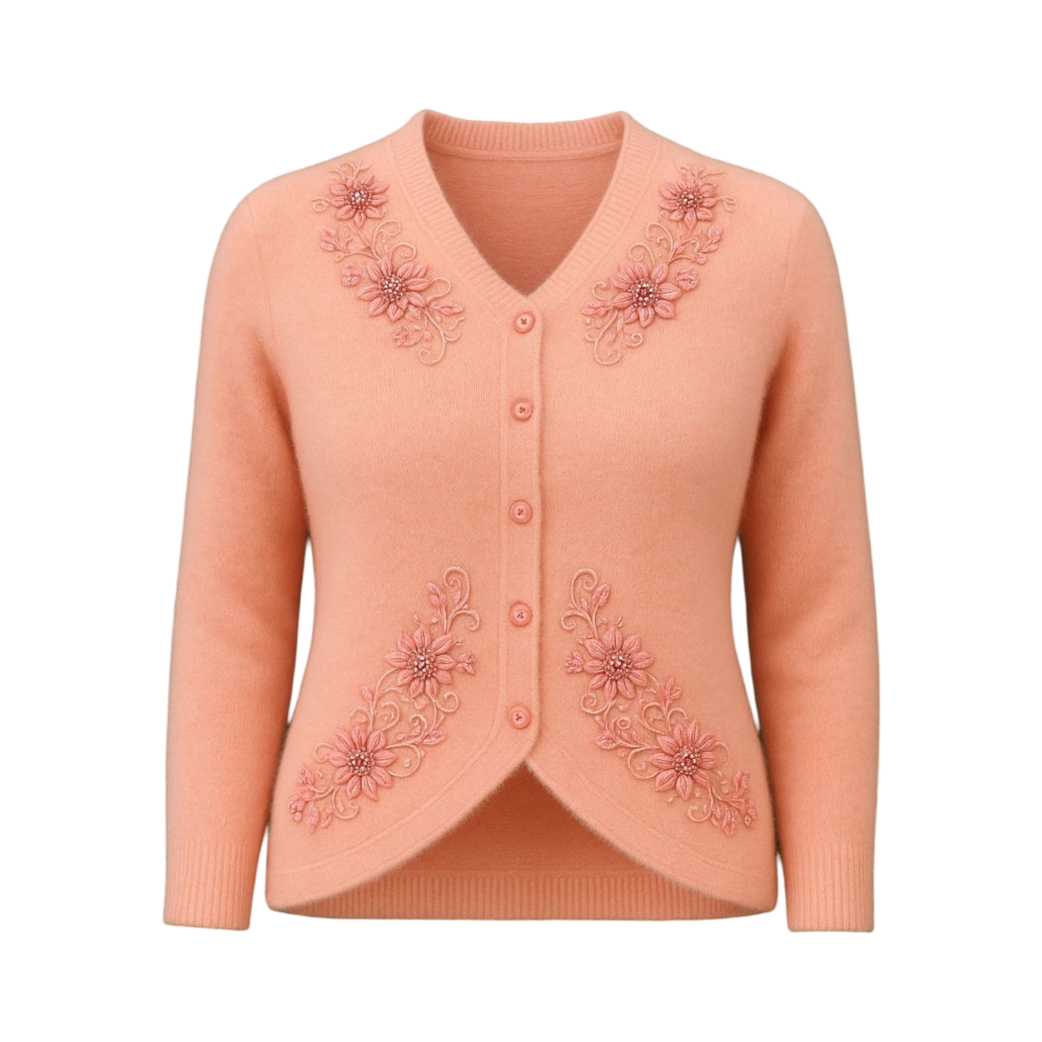 Peach V-Neck Floral Embroidered Cardigan