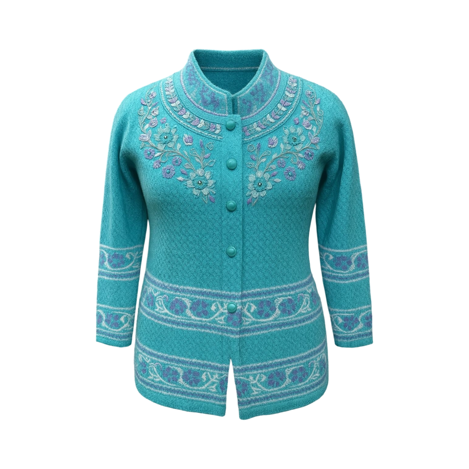 Turquoise Patterned Floral Embroidery Cardigan