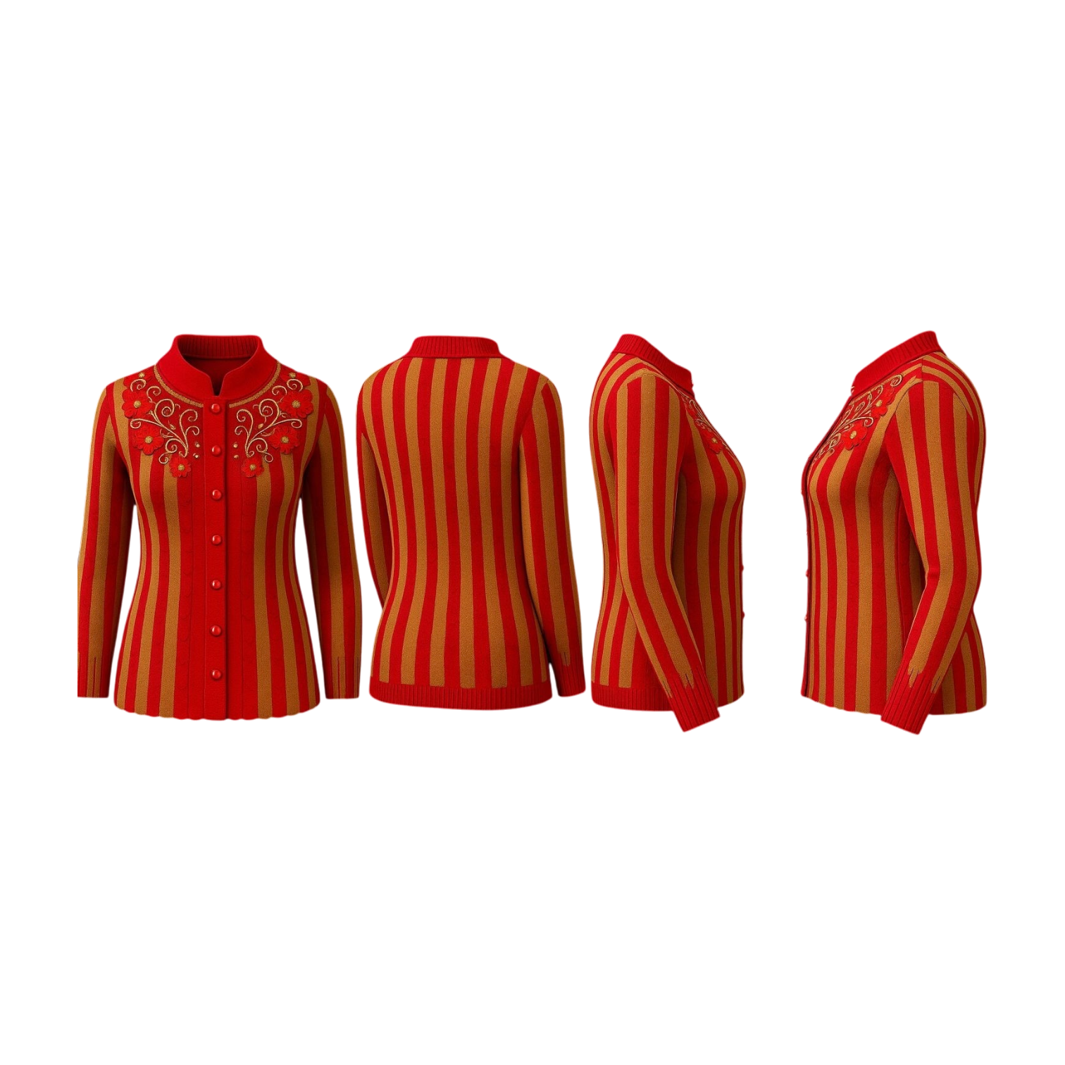 Striped Red & Camel Embroidered Cardigan