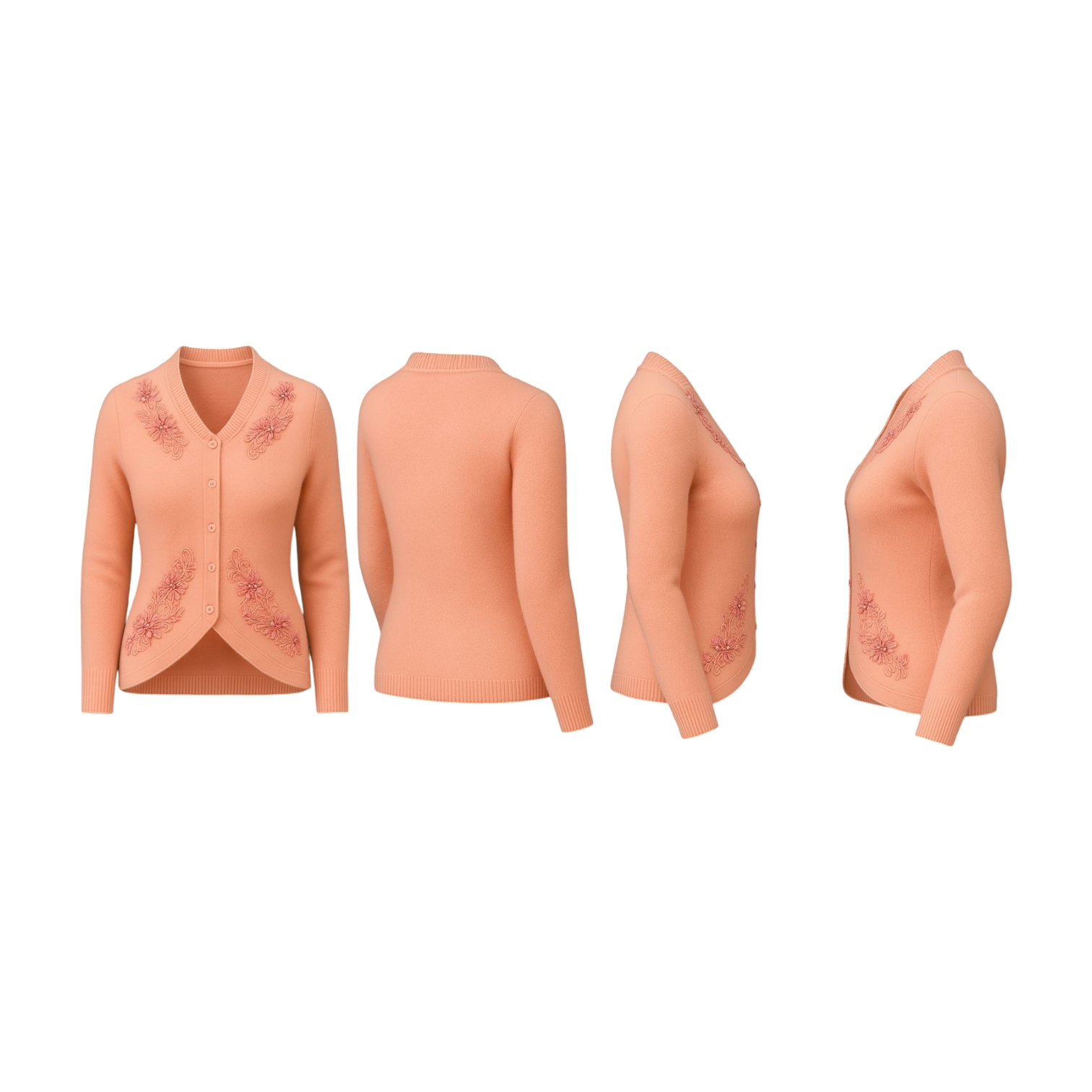 Peach V-Neck Floral Embroidered Cardigan