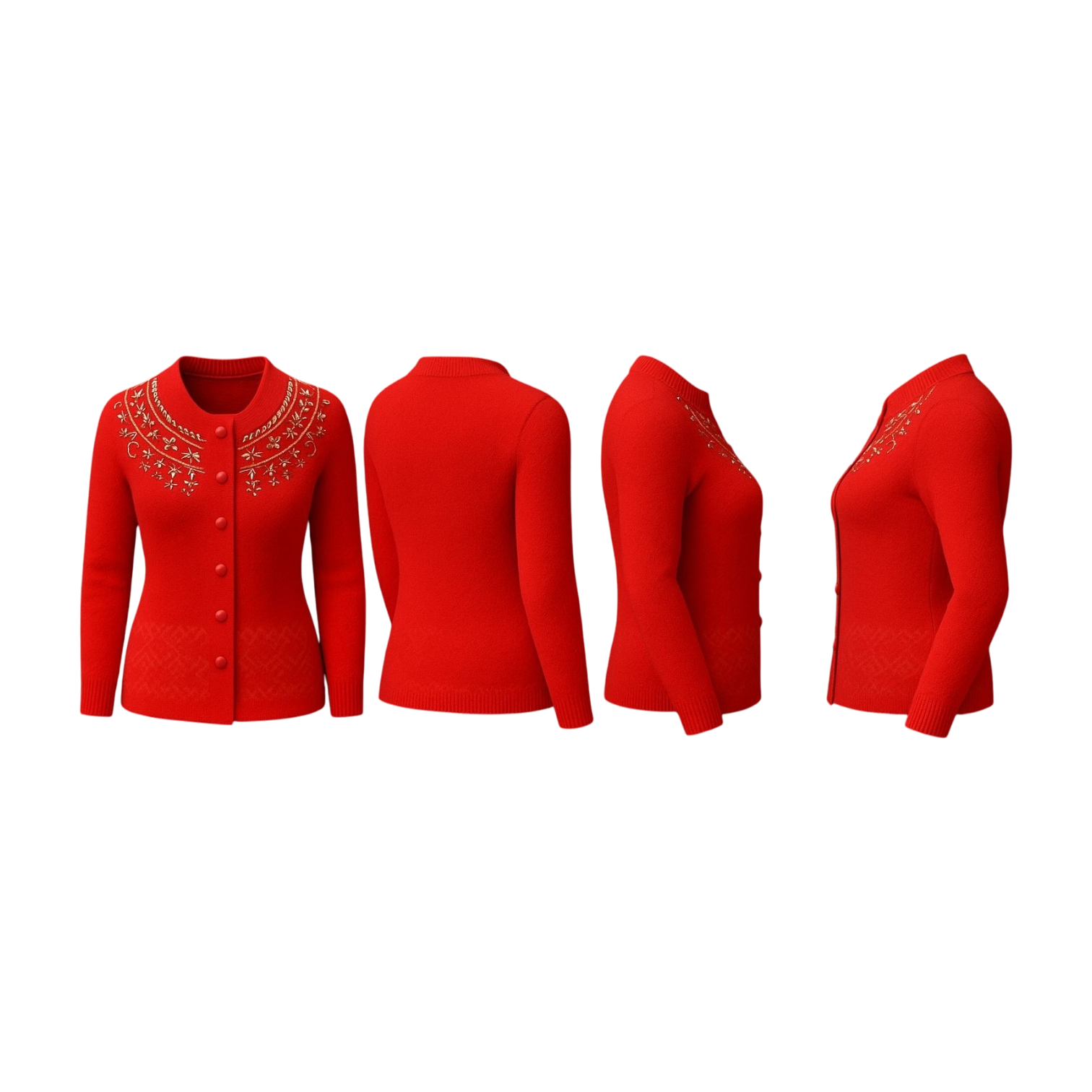 Red Embroidered Buttoned Wool Cardigan