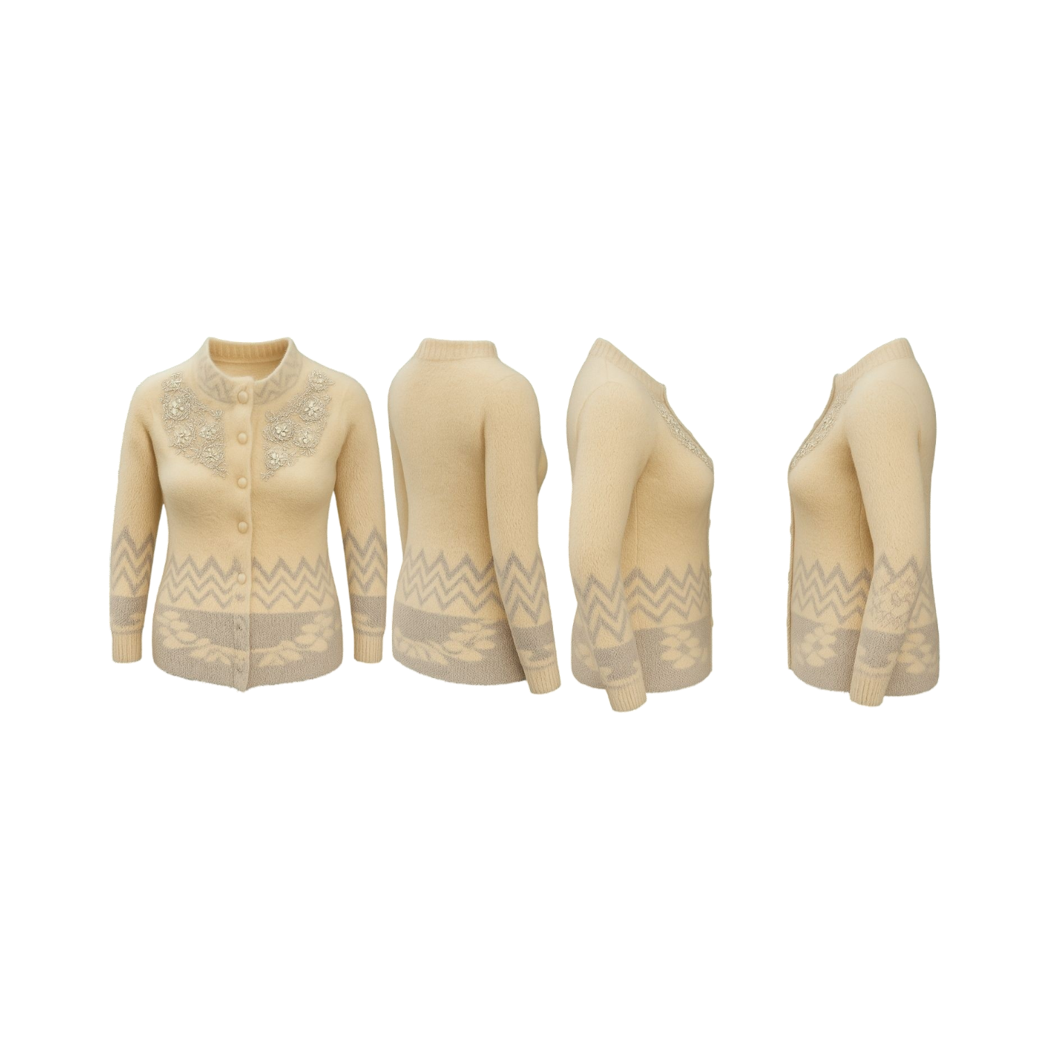 Cream Chevron Embroidered Wool Cardigan