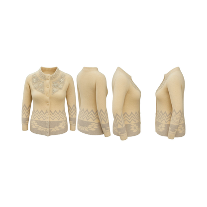 Cream Chevron Embroidered Wool Cardigan