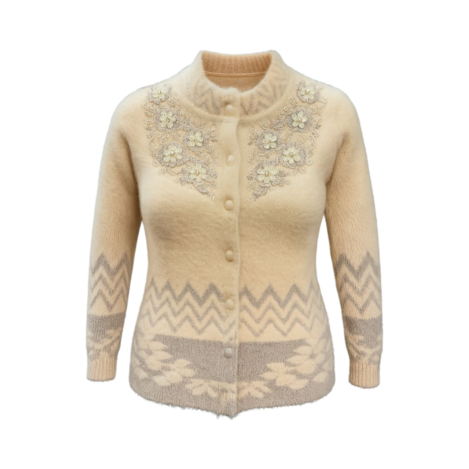 Cream Chevron Embroidered Wool Cardigan