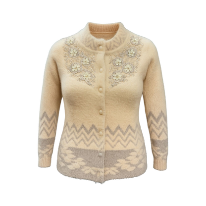 Cream Chevron Embroidered Wool Cardigan