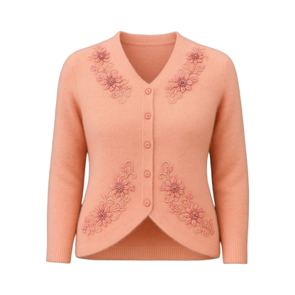 Peach V-Neck Floral Embroidered Cardigan