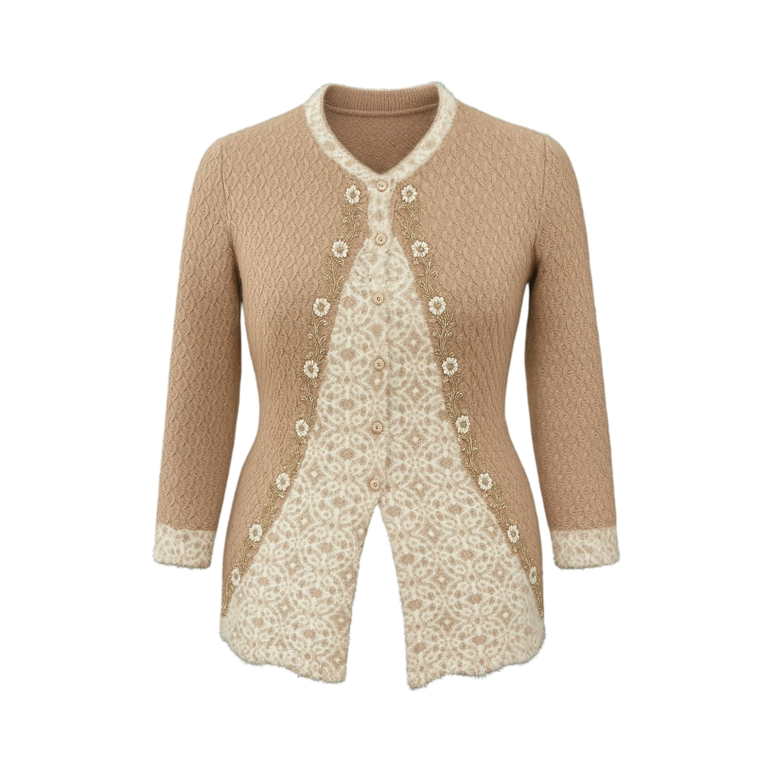 Beige Cut Panel Dual-Tone Embroidered Cardigan