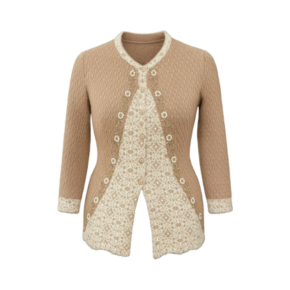Beige Cut Panel Dual-Tone Embroidered Cardigan