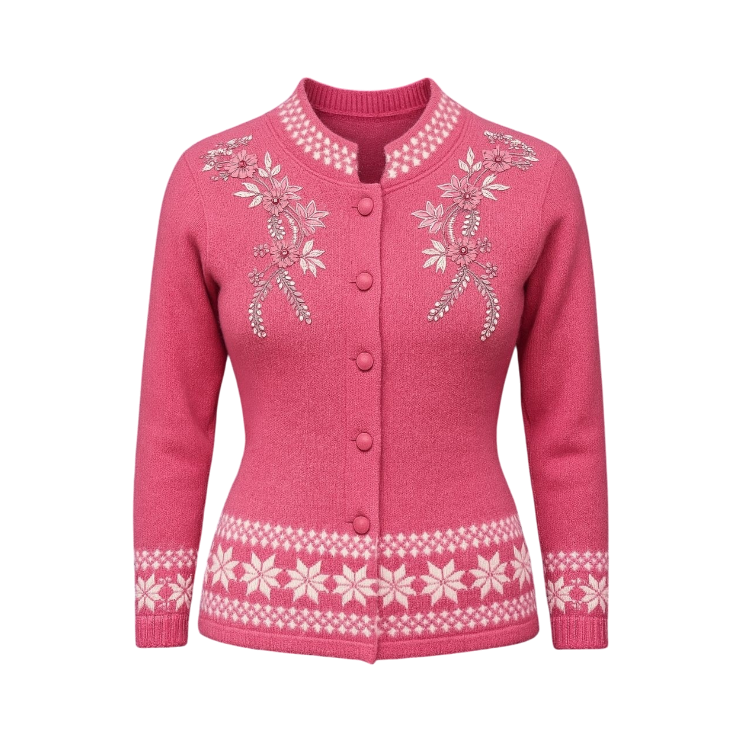 Pink Nordic Embroidered Wool Cardigan