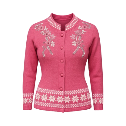 Pink Nordic Embroidered Wool Cardigan