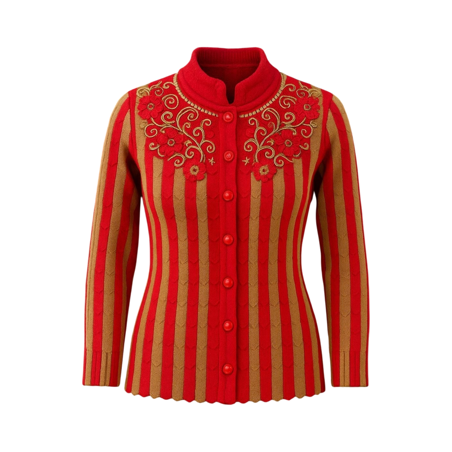 Striped Red & Camel Embroidered Cardigan