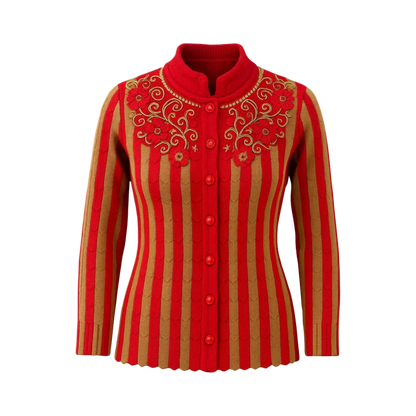 Striped Red & Camel Embroidered Cardigan