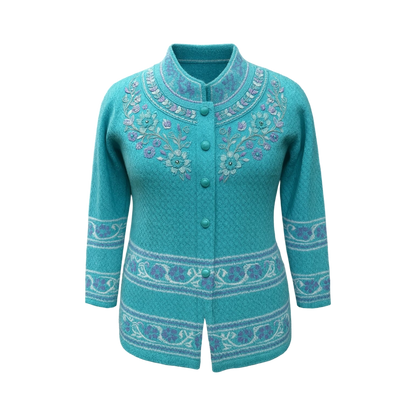 Turquoise Patterned Floral Embroidery Cardigan