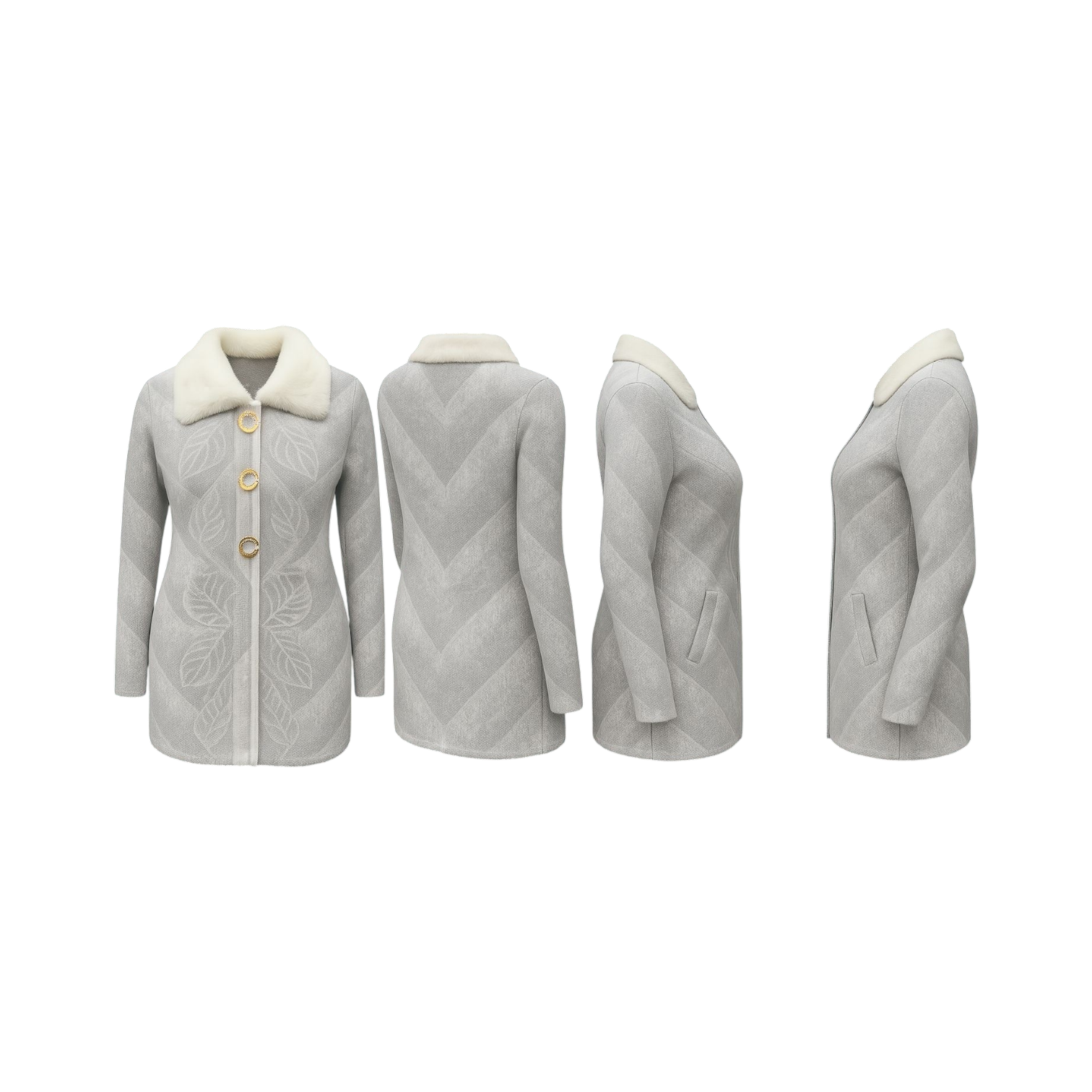 Grey Embossed Fur-Collar Cardigan