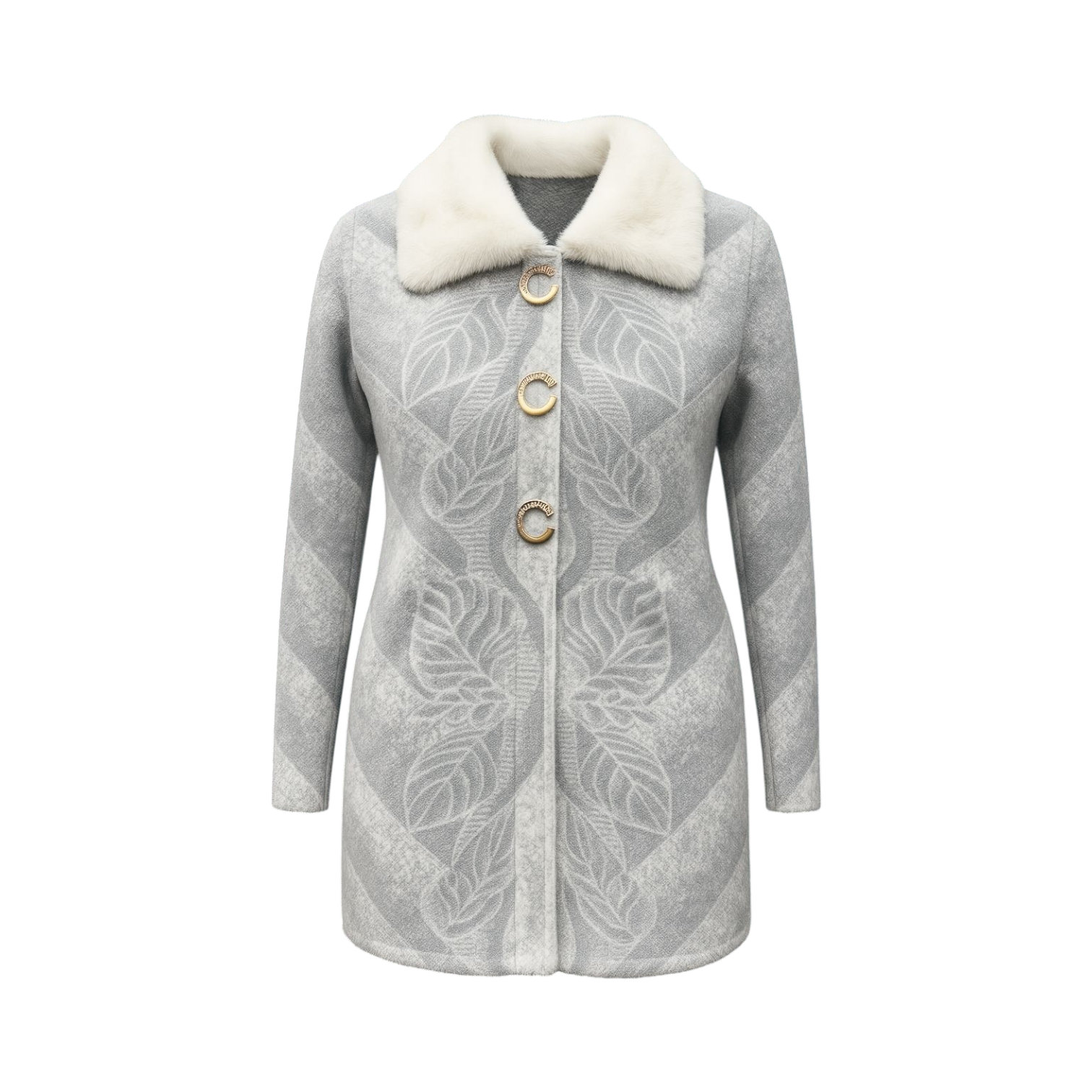 Grey Embossed Fur-Collar Cardigan