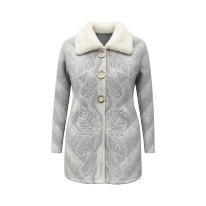 Grey Embossed Fur-Collar Cardigan