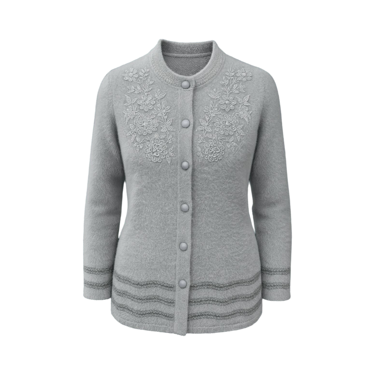 Silver Embroidered Full-Length Wool Cardigan