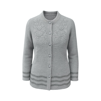 Silver Embroidered Full-Length Wool Cardigan