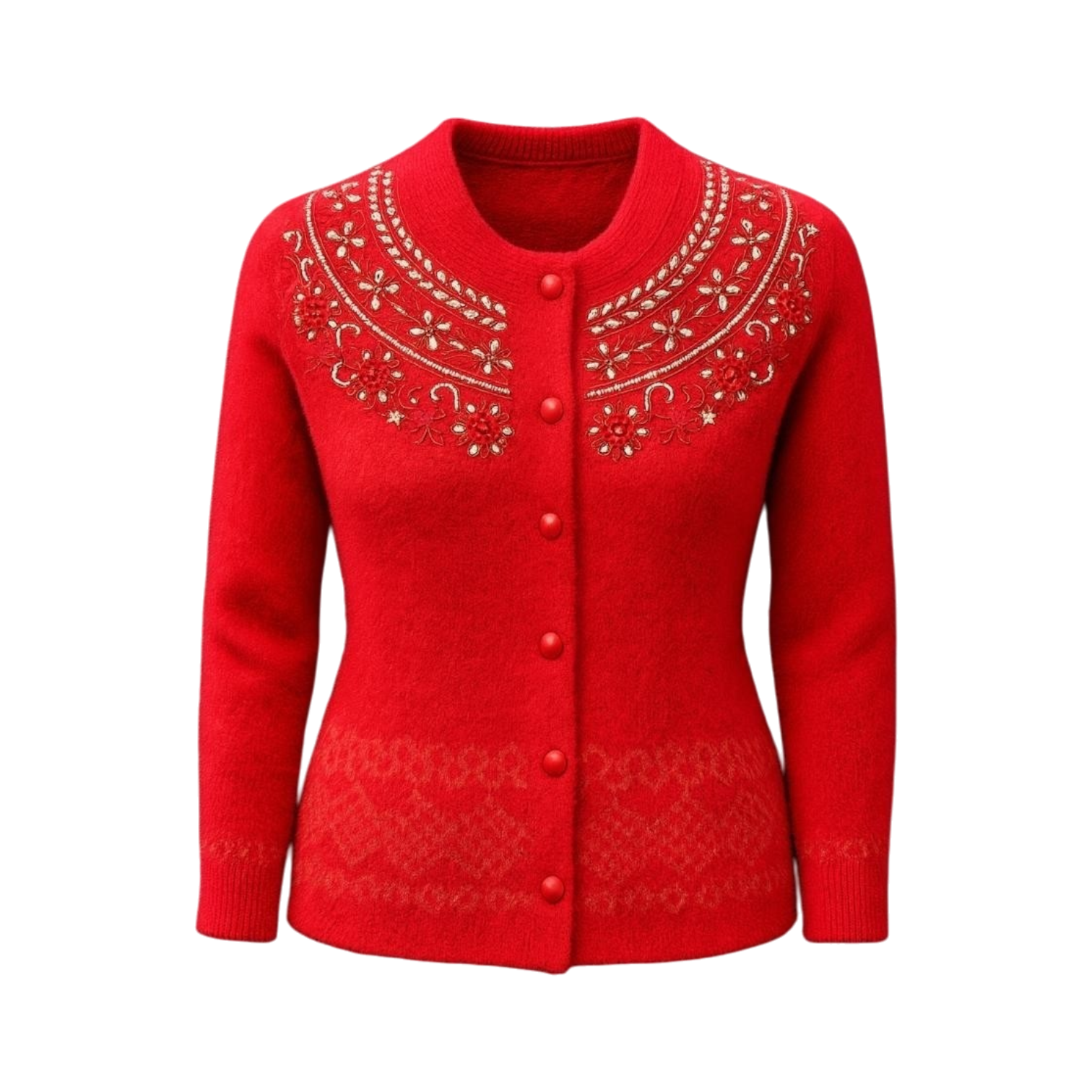 Red Embroidered Buttoned Wool Cardigan