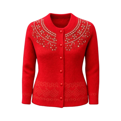 Red Embroidered Buttoned Wool Cardigan