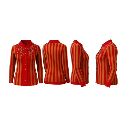 Striped Red & Camel Embroidered Cardigan