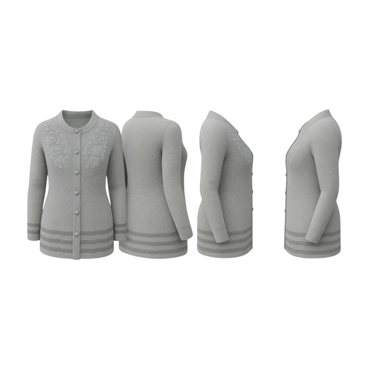 Silver Embroidered Full-Length Wool Cardigan