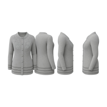 Silver Embroidered Full-Length Wool Cardigan