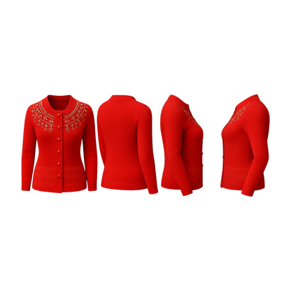 Red Embroidered Buttoned Wool Cardigan